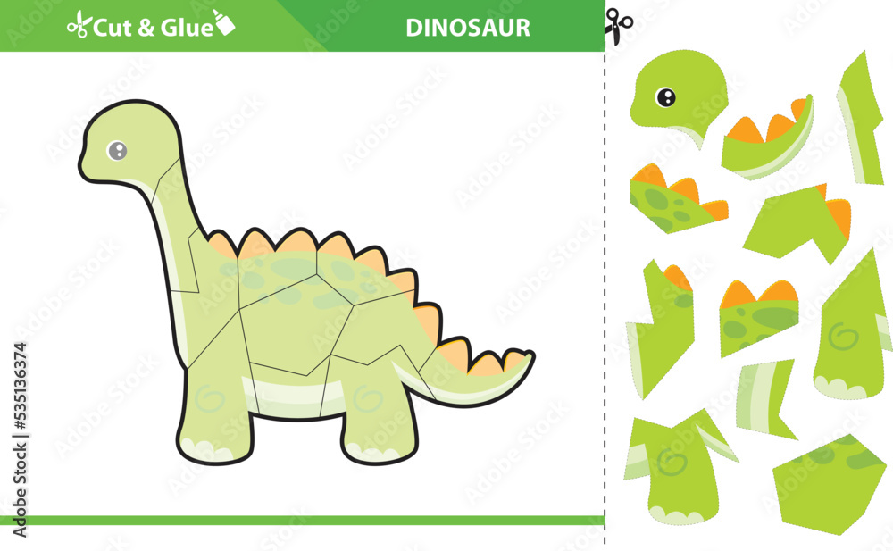 Obraz premium Cut and glue dinosaurs jigsaw puzzle childern educational game.
