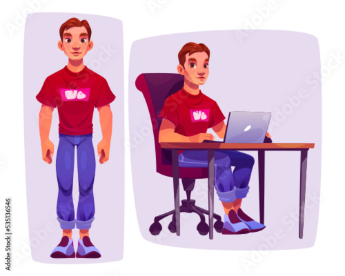 Man character standing and sitting with laptop. Vector cartoon illustration of handsome guy in jeans, freelancer or remote worker sitting on chair at desk and work on computer