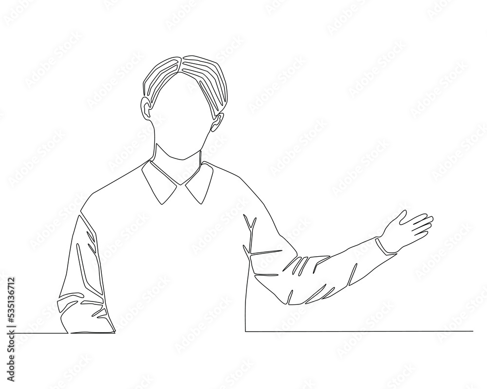 Continuous line of young man spreaing his left hand presenting or introducing something on white background vector. Continuous line of young man spreaing his left hand presenting or introducing something on white background vector.