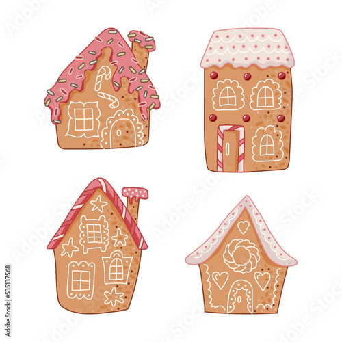 Gingerbread houses on white background. Vector illustration set.