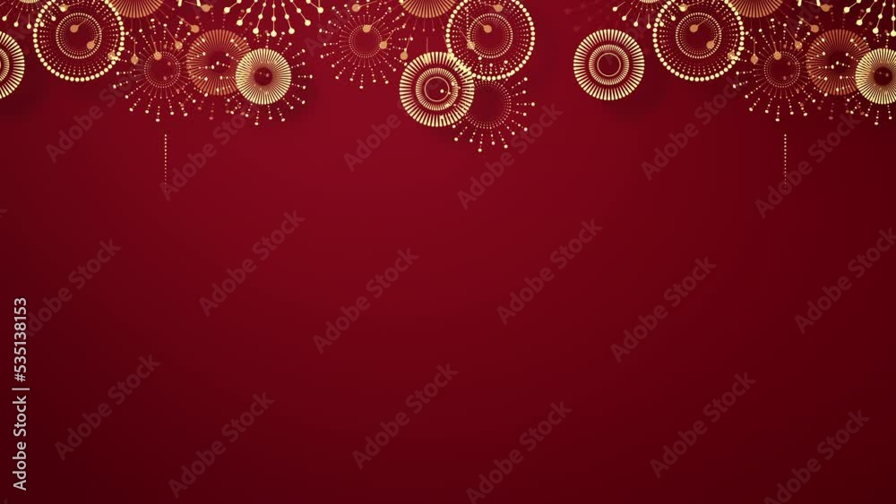 Chinese New Year background with golden fireworks on red background. Flat style design. Concept for holiday banner, Chinese New Year Celebration loop background decoration. Seamless Loop. 4K. Chinese New Year background with golden fireworks on red background. Flat style design. Concept for holiday banner, Chinese New Year Celebration loop background decoration. Seamless Loop. 4K.