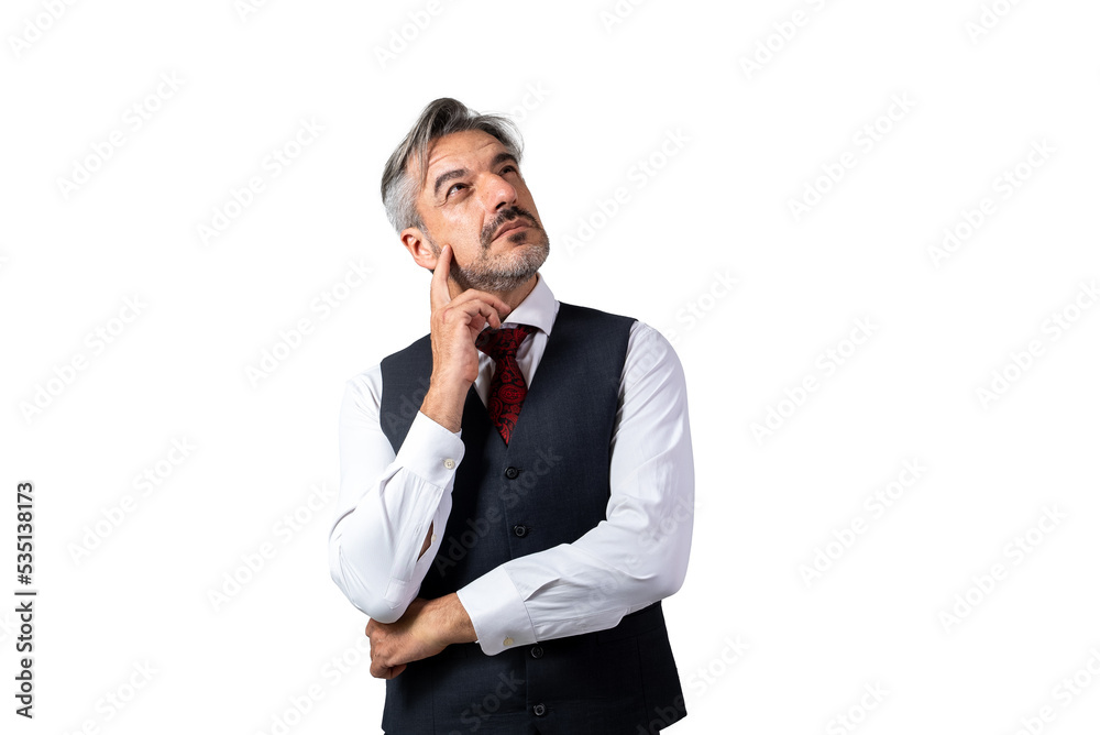 Portrait of senior Businessman standing in a suit without jacket, in waistcoat suit holding hand on chin. isolated on white background. Portrait of senior Businessman standing in a suit without jacket, in waistcoat suit holding hand on chin. isolated on white background.