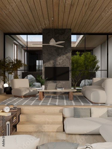 Modern contemporary and comfortable home living room with comfy couch, sunken lounge