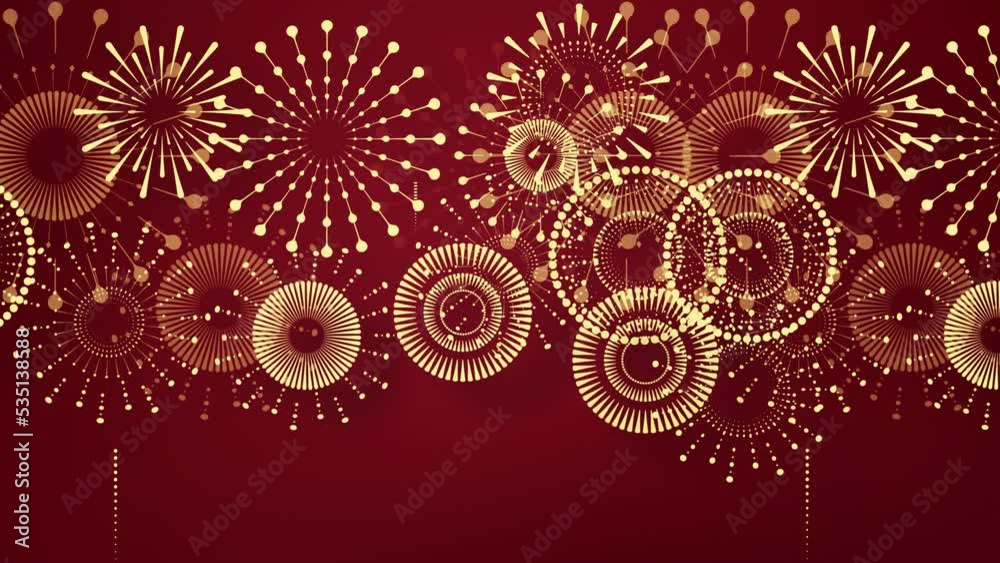 Chinese New Year background with golden fireworks on red background. Flat style design. Concept for holiday banner, Chinese New Year Celebration loop background decoration. Seamless Loop. 4K.