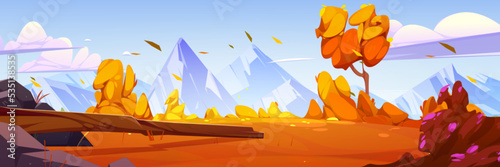 Mountain valley cartoon autumn landscape, nature background with orange rocky surface under blue sky with clouds, snowy peaks and falling leaves, beautiful scenery fall view, Vector illustration