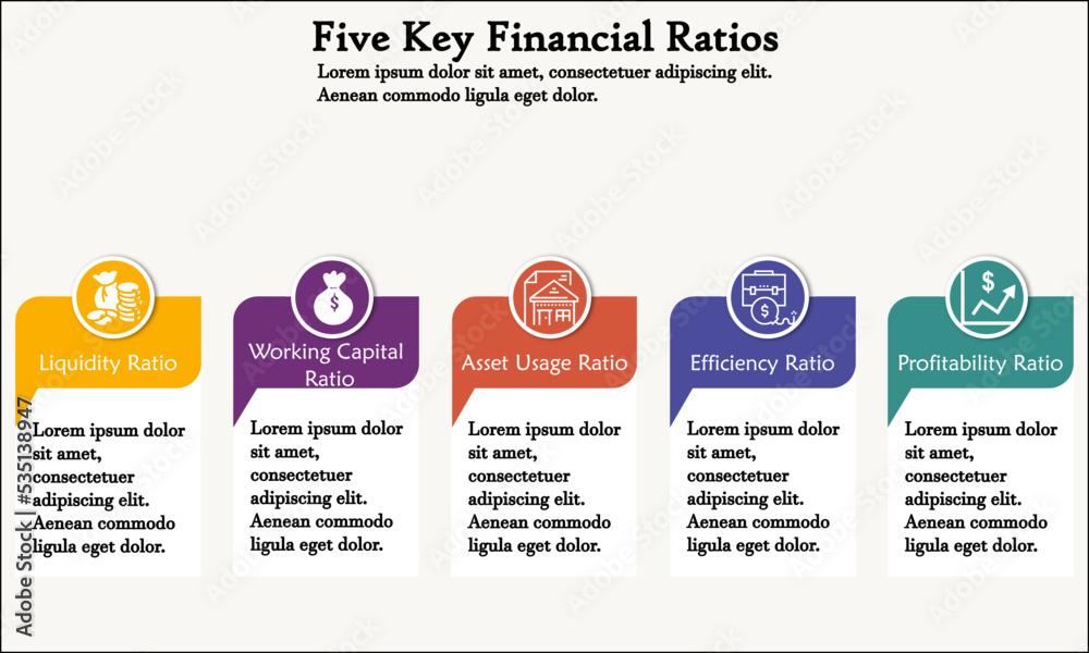 Five key financial ratios with icons in an infographic template Five key financial ratios with icons in an infographic template