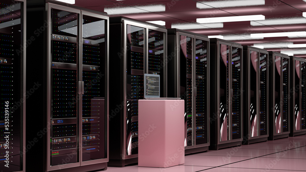 Server room. Server data center. Backup, mining, hosting, mainframe, farm and computer rack with storage information. 3d rendering Server room. Server data center. Backup, mining, hosting, mainframe, farm and computer rack with storage information. 3d rendering