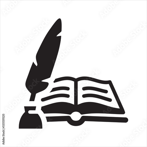 Feather pen with book icon. Vector and glyph