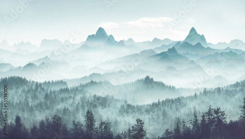 Beautiful mountain landscape. Panorama of silhouettes of forested mountains in the fog. Color watercolor-drawn illustration for backgrounds, wallpapers, murals, murals, posters. © veter