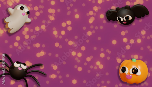 Halloween banner whit spider and bat. 3D Illustration. Above view over an pink banner background with copy space. © Alex Bernal