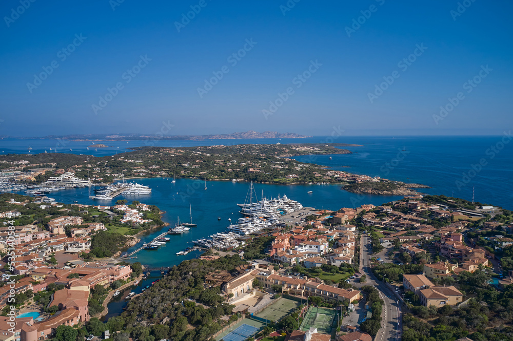 Drone view Centre of Costa Smeralda. One of the most expensive resorts in the world. Aerial View of Porto Cervo, Italian seaside resort in northern Sardinia, Italy.
