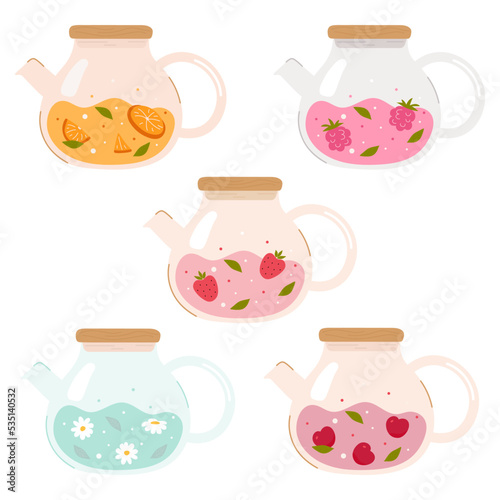 Big set of glass teapots with different flavors