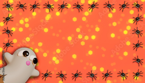 Halloween banner whit ghost and spider. 3D Illustration. Above view over an orange banner background with copy space.