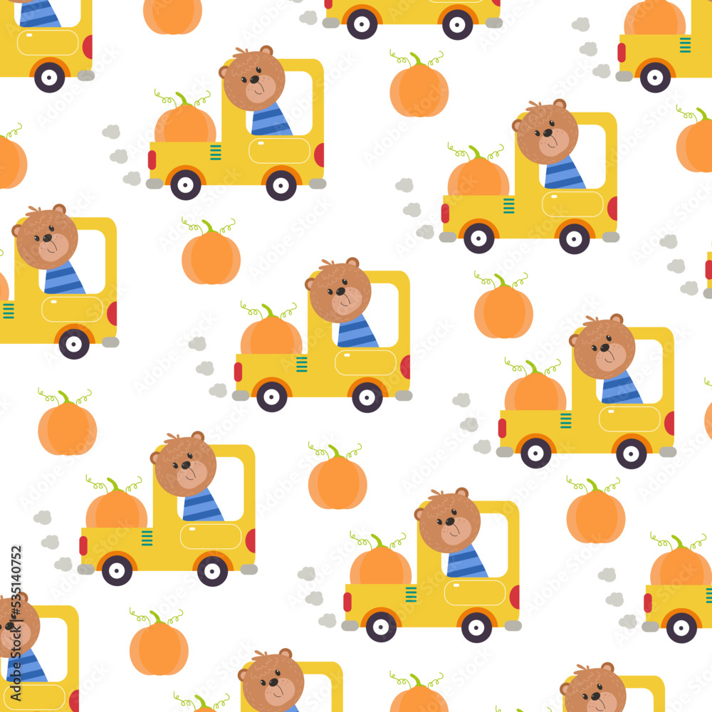 Fototapeta premium Seamless pattern with cute bear animals and vehicle. Perfect for kids clothes design