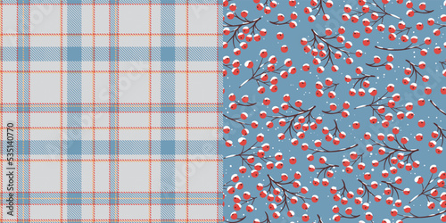 Red berries covered with snow on a blue background. Winter Scottish tartan. Seamless vector patterns. A set of 2 patterns.