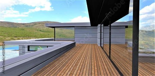 Eco-friendly covering of a large balcony with a terrace board. A private country house with an advanced facade finish with aluminum panels. 3d rendering. © Oleksandr