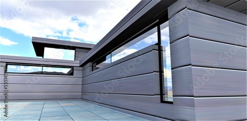 Non-standard oblong window of a futuristic house finished with innovative aesthetic reliable material. Paving stones made of square concrete slabs. 3d rendering.