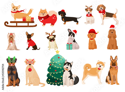 A set of Christmas dogs on a white background. Cartoon design.
