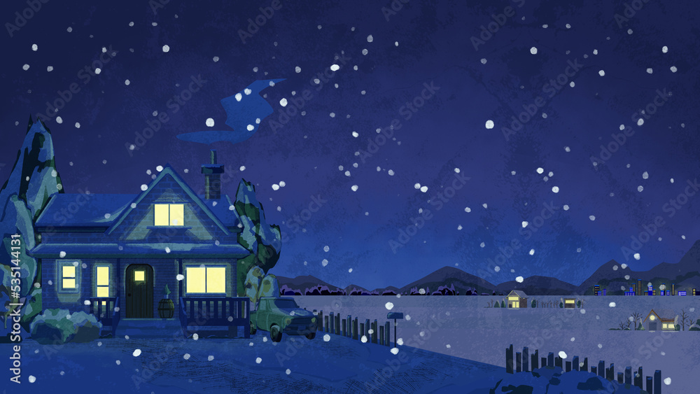 夜に雪の降る風景手書き水彩風イラスト 夜に雪の降る風景手書き水彩風イラスト
