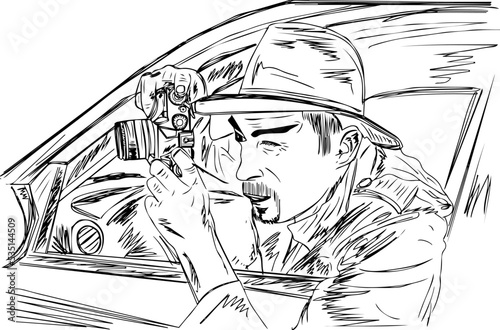 Detective outline vector illustration, Detective in car taking photo quietly, Mystery Person Image, Detectives Hiding sketch drawing, Detective silhouette and clip art