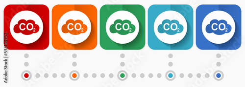 Carbon dioxide, co2 vector icons, infographic template, set of flat design symbols in 5 color options