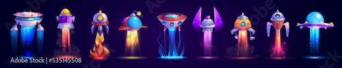 Alien space ships, cartoon ufo saucers and rockets take off with fire beams. Fantasy bizarre shuttles, game engines graphic design elements, funny cosmic spaceships, Isolated vector illustration set
