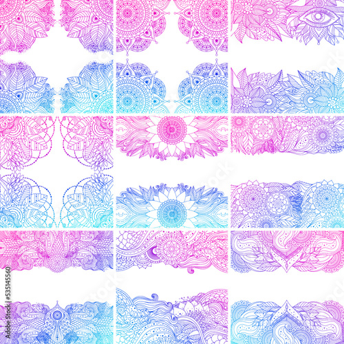 Set of vector templates, frames with oriental floral patterns and mandalas, blue and pink outline on a white background