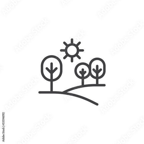 Forest hill with trees and sun line icon