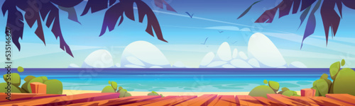 Tropical beach view from wooden plank, table top or terrace. Exotic island in ocean panoramic nature landscape. Cartoon background with sea and palm trees under blue cloudy sky, vector illustration