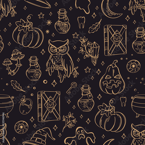 HALLOWEEN BACKGROUND Witchcraft Monocolor Hand Drawn Objects Sketch Alchemic Astrologic Occult Symbol Collection Magical Accessories Cartoon Seamless Pattern