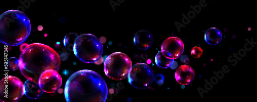 Glossy colorful transparent bubbles on black background. Realistic vector illustration of fantasy water, soap foam spheres flying in air. Magic cleanliness effect from washing detergent. Childhood fun