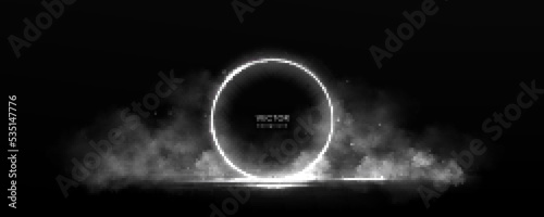 Circle frame with smoke and flying particles on water surface. Round white glowing border among soft clouds. Ring with bright sparkles and flares, Realistic 3d vector abstract monochrome background