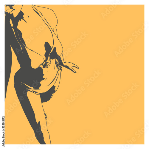 Illustration of a beautiful fashion model posing in a stylish swimsuit. Young attractive woman in bikini. Top view