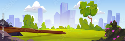 Summer park or country landscape with green grass, log, stones and modern city on skyline. Nature scene of lawn with bushes and spring flowers, trees, vector cartoon illustration
