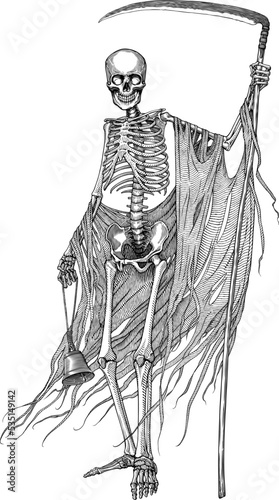 Black and white vector illustration of skeleton with scythe and bell