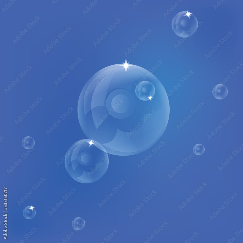 Transparent vector soap bubble flies on a blue background