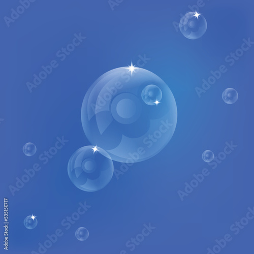 Transparent vector soap bubble flies on a blue background