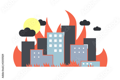 Concept of a fire in the city. Destruction due to the fall of the rocket
