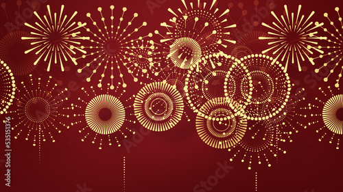 Chinese New Year background with golden fireworks on red background. Flat style design. Concept for holiday banner, Chinese New Year Celebration background decoration. 
