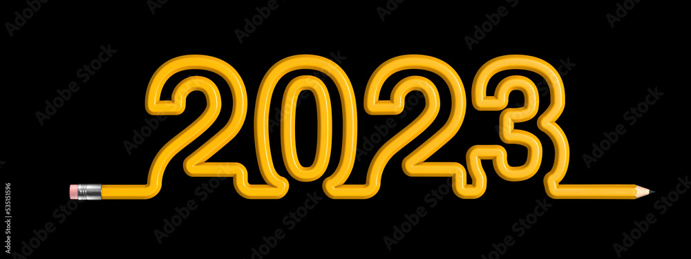 Φωτογραφία Pencil 2023 education concept - 3D illustration of yellow wooden pencil forming
