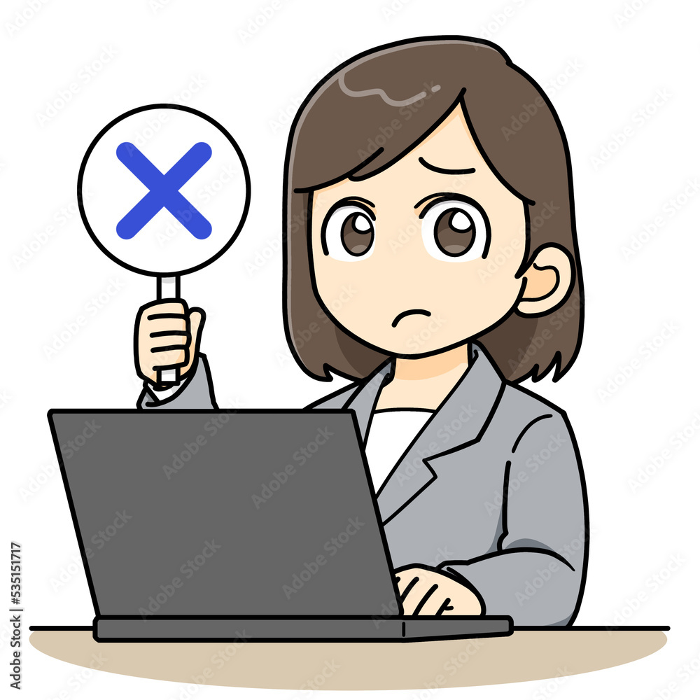 パソコンを操作しながら✖️の札をあげるキャリアウーマン パソコンを操作しながら✖️の札をあげるキャリアウーマン