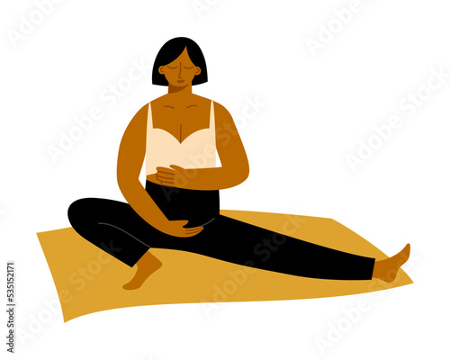 Pregnant woman practicing yoga and meditation. Future mother doing aerobic exercises on a mat. Vector flat illustration on a white background