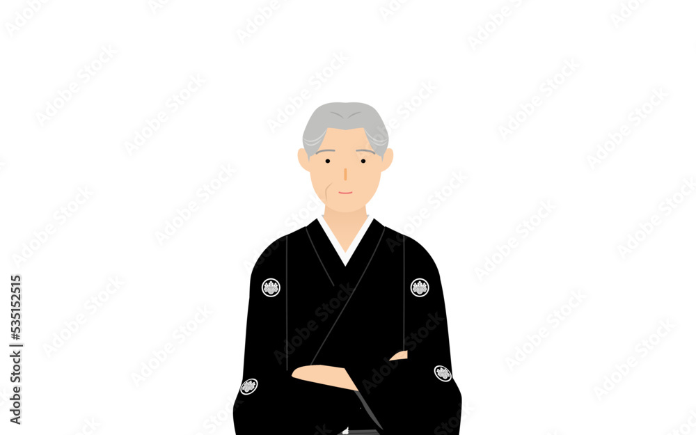 紋付袴のシニア男性(和服姿)、腕組みをする 紋付袴のシニア男性(和服姿)、腕組みをする