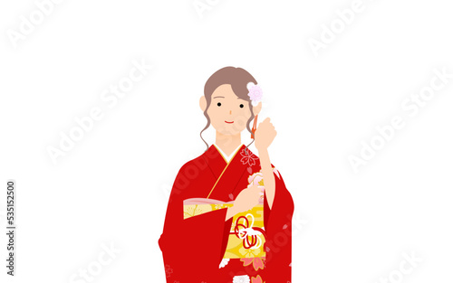 振袖の女性（和服姿）、髪を直すポーズ