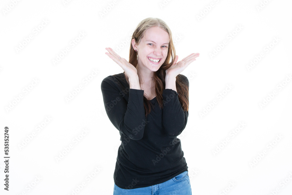 smiling woman blonde portrait with two both palm hand finger up in white background smiling woman blonde portrait with two both palm hand finger up in white background
