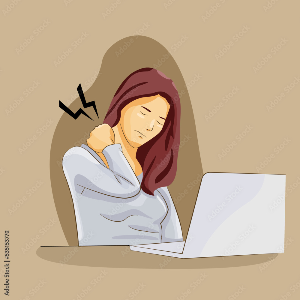 woman sitting on desk having neck sprain over working using laptop woman sitting on desk having neck sprain over working using laptop