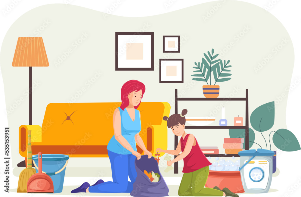 Mother with daughter doing housework and putting garbage in bag. Family putting trash into bag while cleaning room at home. Daily routine, cleanup or household chores concept Mother with daughter doing housework and putting garbage in bag. Family putting trash into bag while cleaning room at home. Daily routine, cleanup or household chores concept