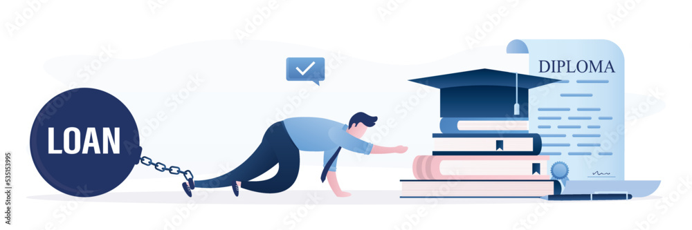 Student loan for education. Unhappy young man is chained to large loan and crawls towards diploma and graduate hat. Inaccessible education, high tuition fees for college or courses. Student loan for education. Unhappy young man is chained to large loan and crawls towards diploma and graduate hat. Inaccessible education, high tuition fees for college or courses.
