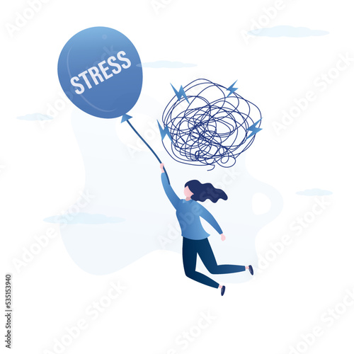 Business woman with emotional problems, psychological pressure. Flying balloon with inscription - stress. Solving problems of stress and overworked.