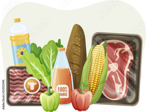 Grocery products including meat, bread, vegetables, lettuce leaves
